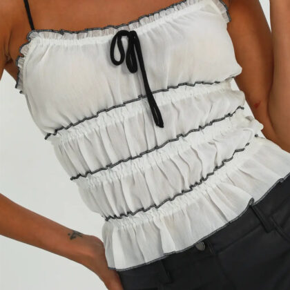 Sleeveless White Ruffle Pleated Chic Lace Cami Top